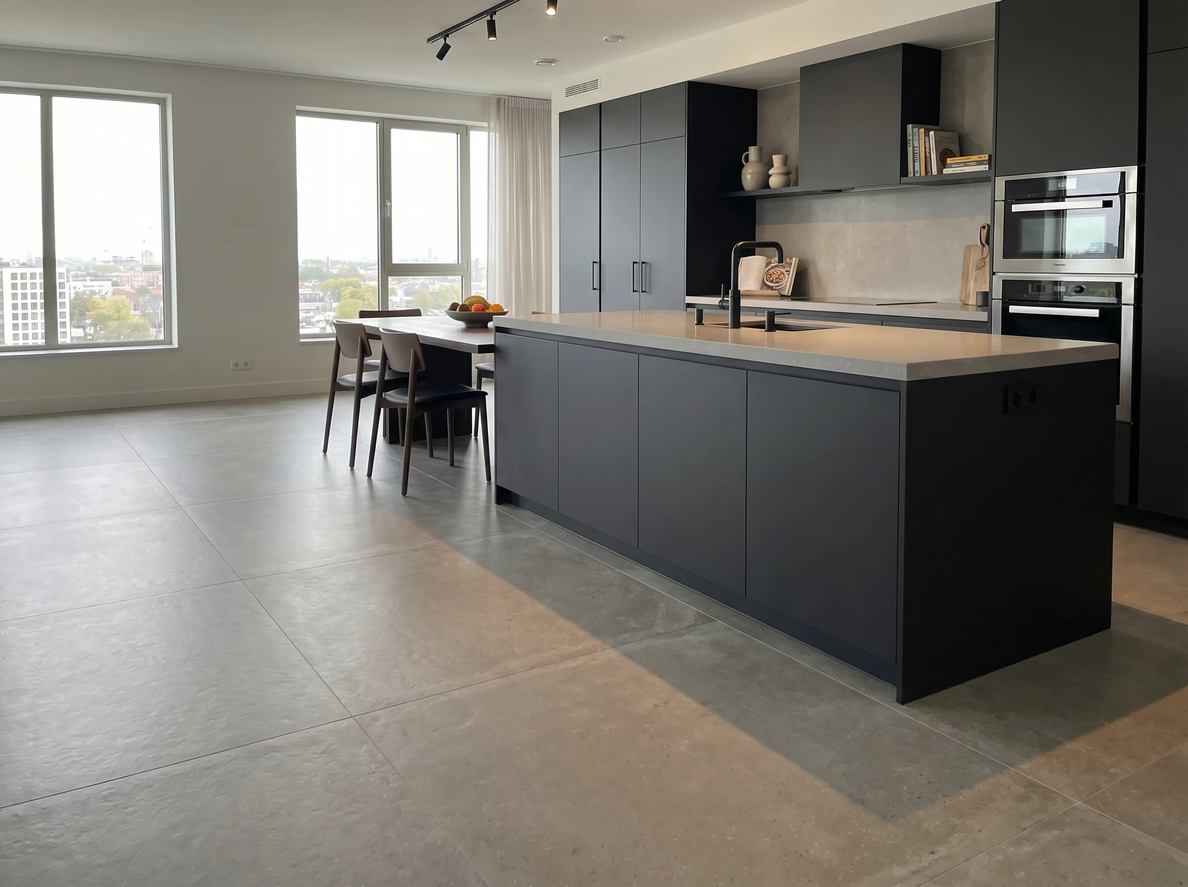 Modernes Wohnzimmer mit elegant verlegten Großformatige Fliesen Bodenplatten und natürlicher Beleuchtung