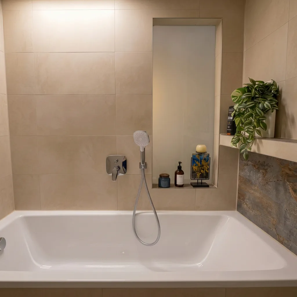 Moderne Badewanne mit beige Wandfliesen in einem stilvollen Badezimmerdesign