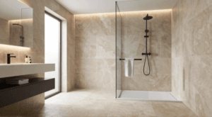 Moderne bodengleiche Dusche mit strukturierter Wandgestaltung und integrierter Nische für Fliesen Dusche