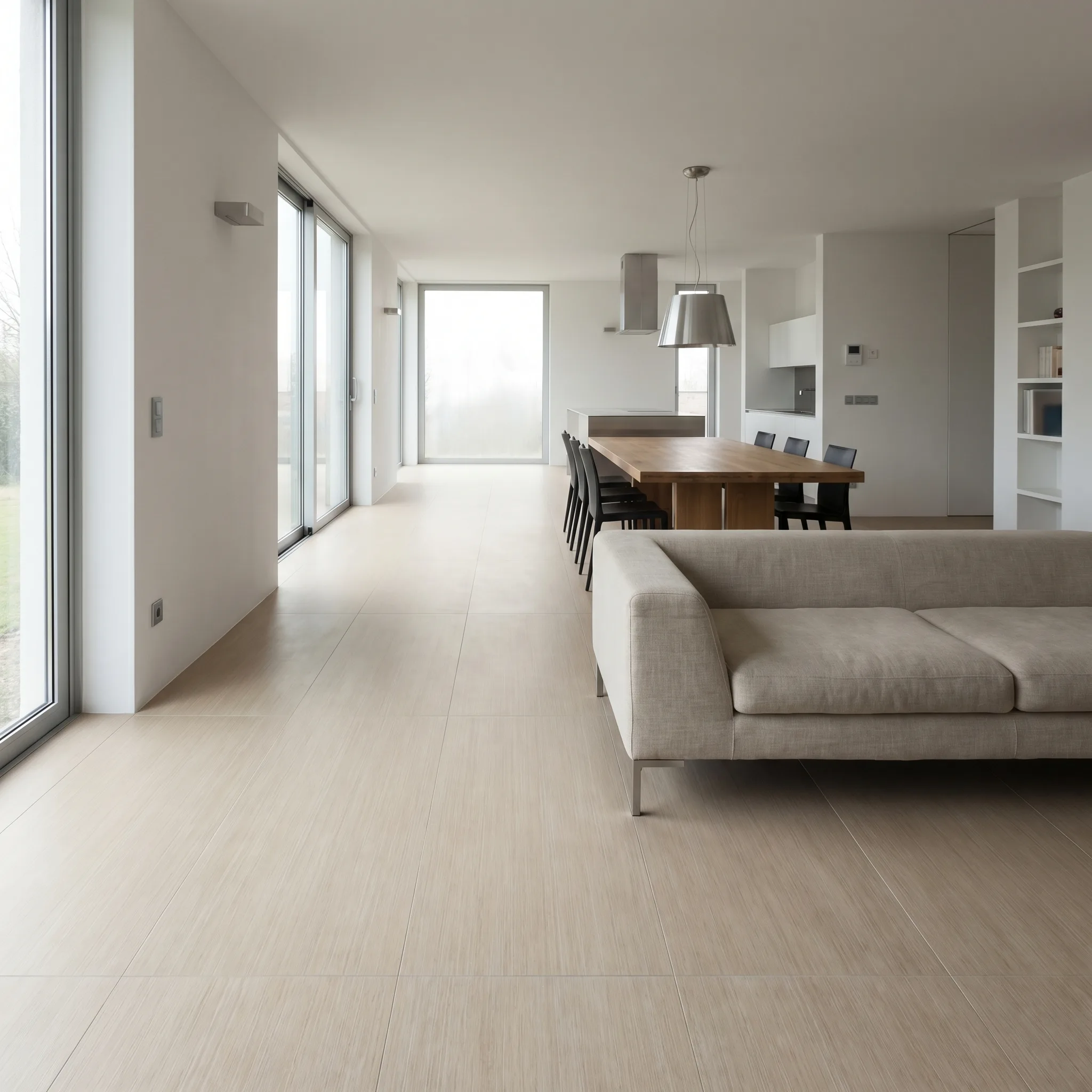 Großformatige Fliesen im modernen Wohnbereich mit Holz- und Naturstein-Elementen, hochwertige Bodenfliesen verlegt.