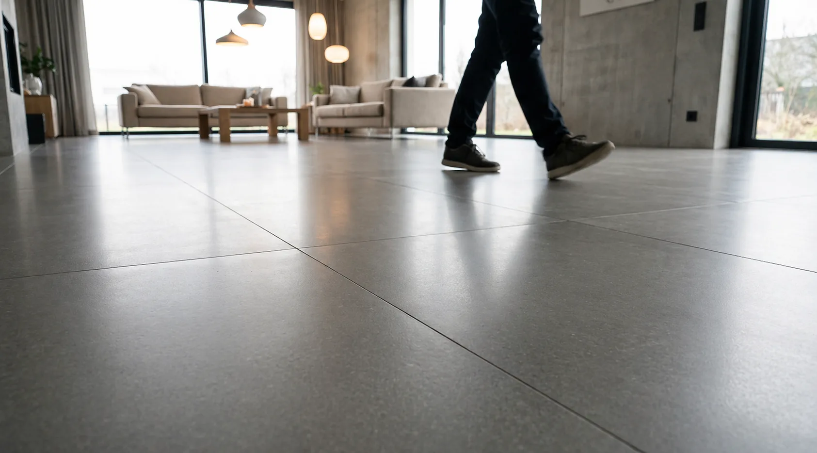 Modernes Wohnzimmer mit Fußboden aus Großformatige Fliesen, helles Interieur und natürlichem Licht