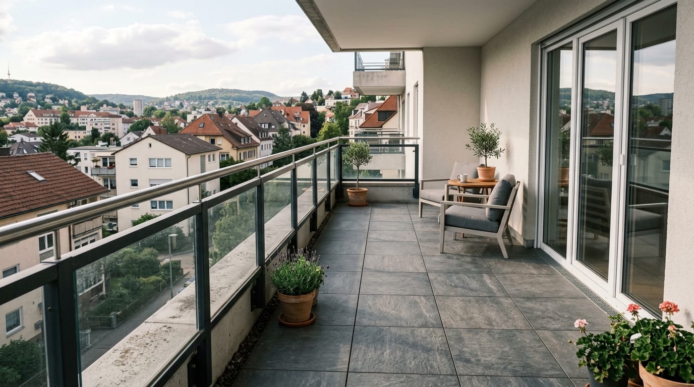 Moderner Balkon mit großformatigen Outdoor-Fliesen nach hochwertiger Sanierung durch balkon sanieren firmen
