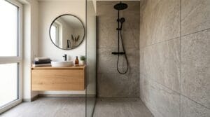 Modernes Badezimmer mit bodengleicher Dusche und Großformatfliesen gestaltet für Badsanierungen in Stuttgart