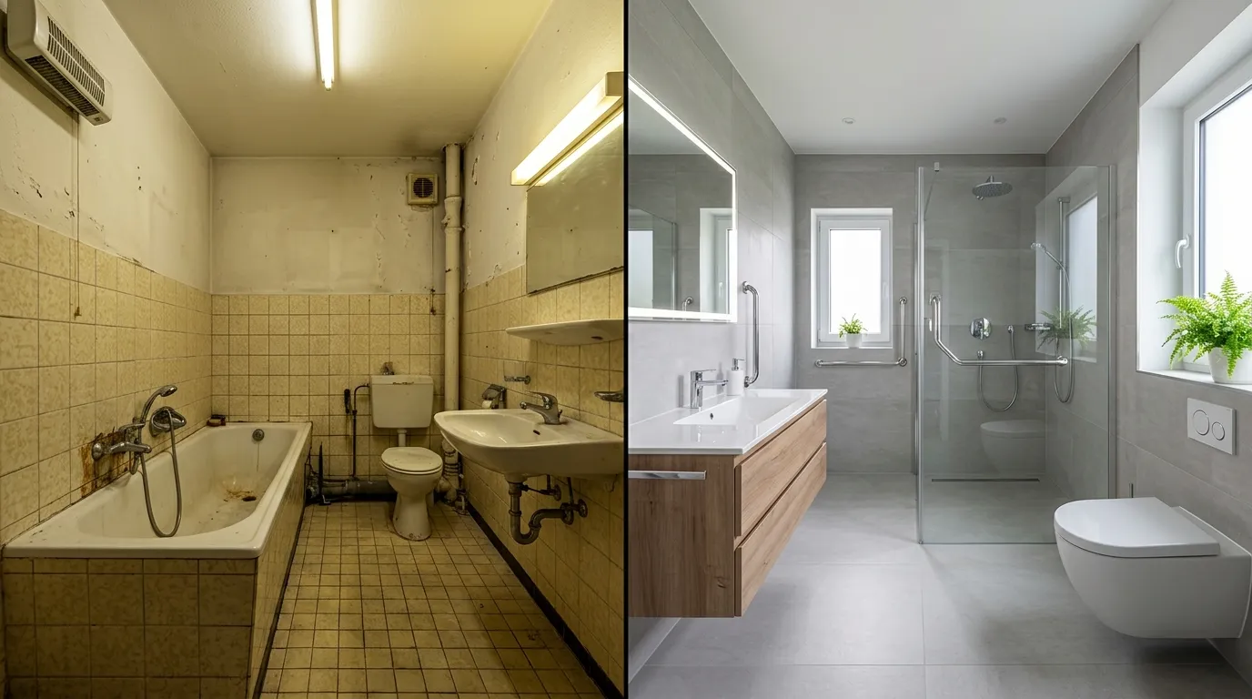 Badezimmer vor und nach der Modernisierung im Vergleich mit Förderung Badsanierung