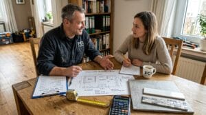 Kunde und Badplaner besprechen Renovierungskonzept und Materialauswahl für Badezimmer 10 qm Kosten