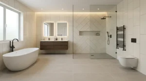 Modernes Fliesenverlegemuster stilvoll verlegt im großzügigen Badezimmer mit bodengleicher Dusche