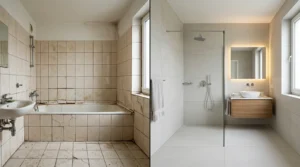 Badezimmer vor und nach der Sanierung mit modernen Fliesen vom seriösen Fliesenleger