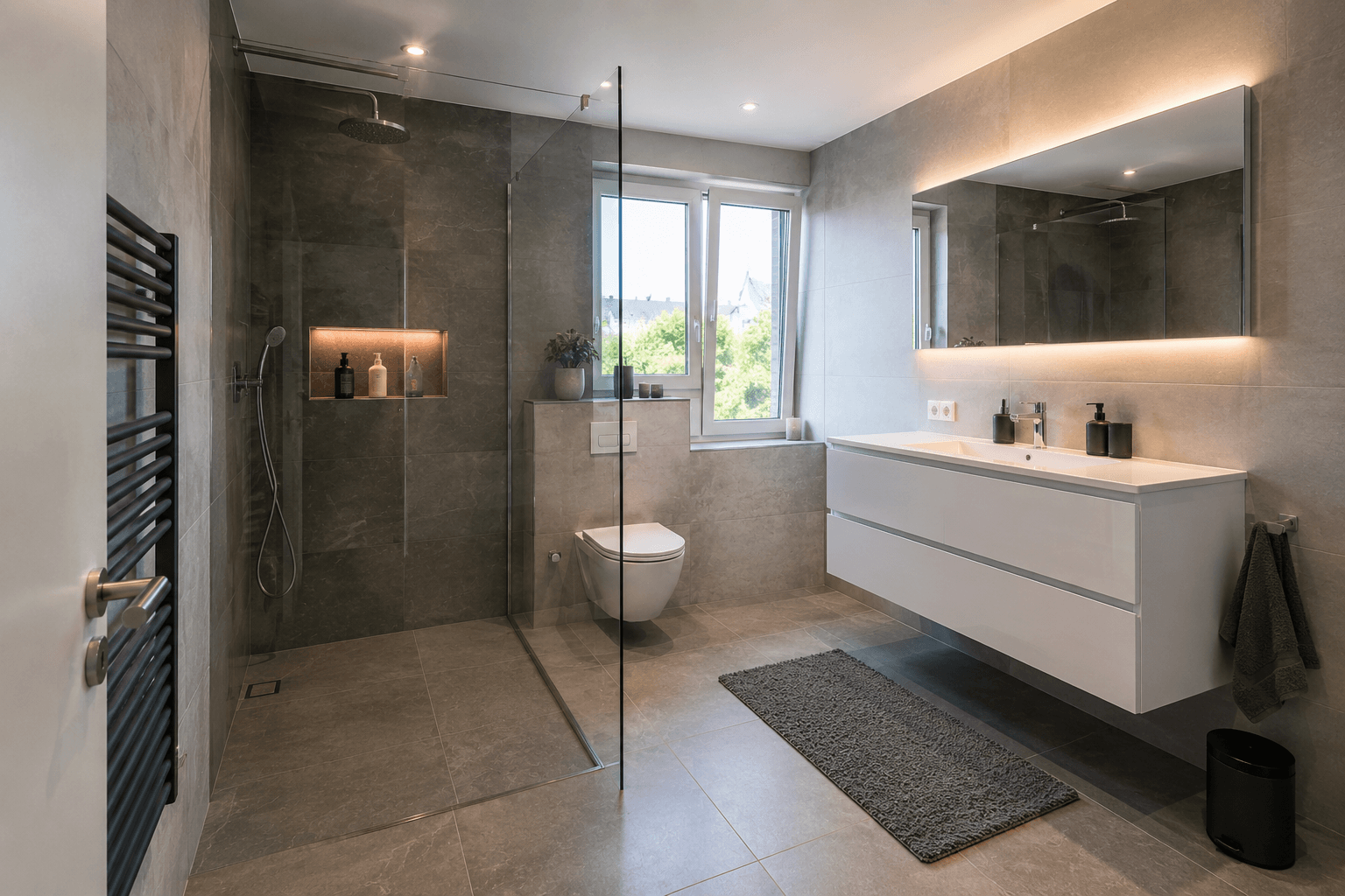 Modernes Badezimmer mit bodengleicher Glasdusche und großen Wandfliesen gestaltet für Badsanierungen in Stuttgart