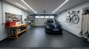 Dunkle Garagenfliesen fachgerecht verlegt im modernen Garagenbereich mit Garagenboden fliesen