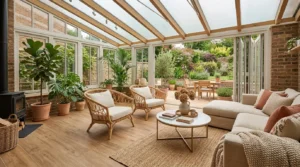 Holzoptik Bodenfliesen stilvoll verlegt im gemütlichen Wintergarten mit modernem Wintergarten Boden
