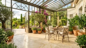 Natursteinfliesen stilvoll verlegt im eleganten Wintergarten mit hochwertigem Wintergarten Boden