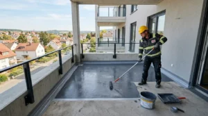 Fliesenleger trägt Abdichtung unter Fliesen auf Balkonboden für sicheren Feuchtigkeitsschutz auf