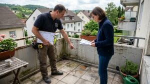 Handwerker und Kundin begutachten Schäden am Balkonboden vor der Sanierung durch balkon sanieren firmen