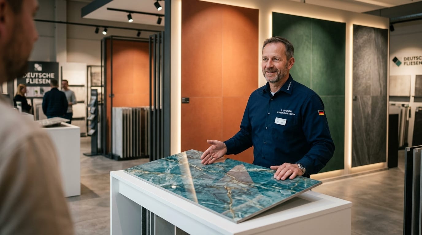 Fliesenexperte präsentiert hochwertige Großformatfliesen im modernen Showroom als bester Fliesenleger Deutschland