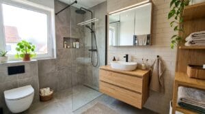 Modernes Familienbad mit Glasdusche und Holzwaschtisch gestaltet für bad renovieren kosten 6 qm