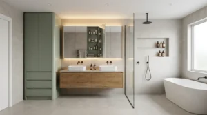 Modernes Badezimmer mit Doppelwaschbecken, Stauraum und Badewanne als stilvolle bad renovieren ideen