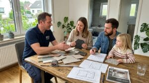 Familie bespricht Fliesenauswahl und Renovierungsplanung mit fliesenleger in meiner nähe im modernen Wohnbereich