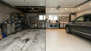 Garagenboden vor und nach der Sanierung mit modernen Fliesen im Vergleich bei Garagenboden fliesen