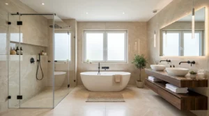 Modernes Badezimmer mit großformatigen Fliesen professionell gestaltet ohne Fliesenverlegung Mythen