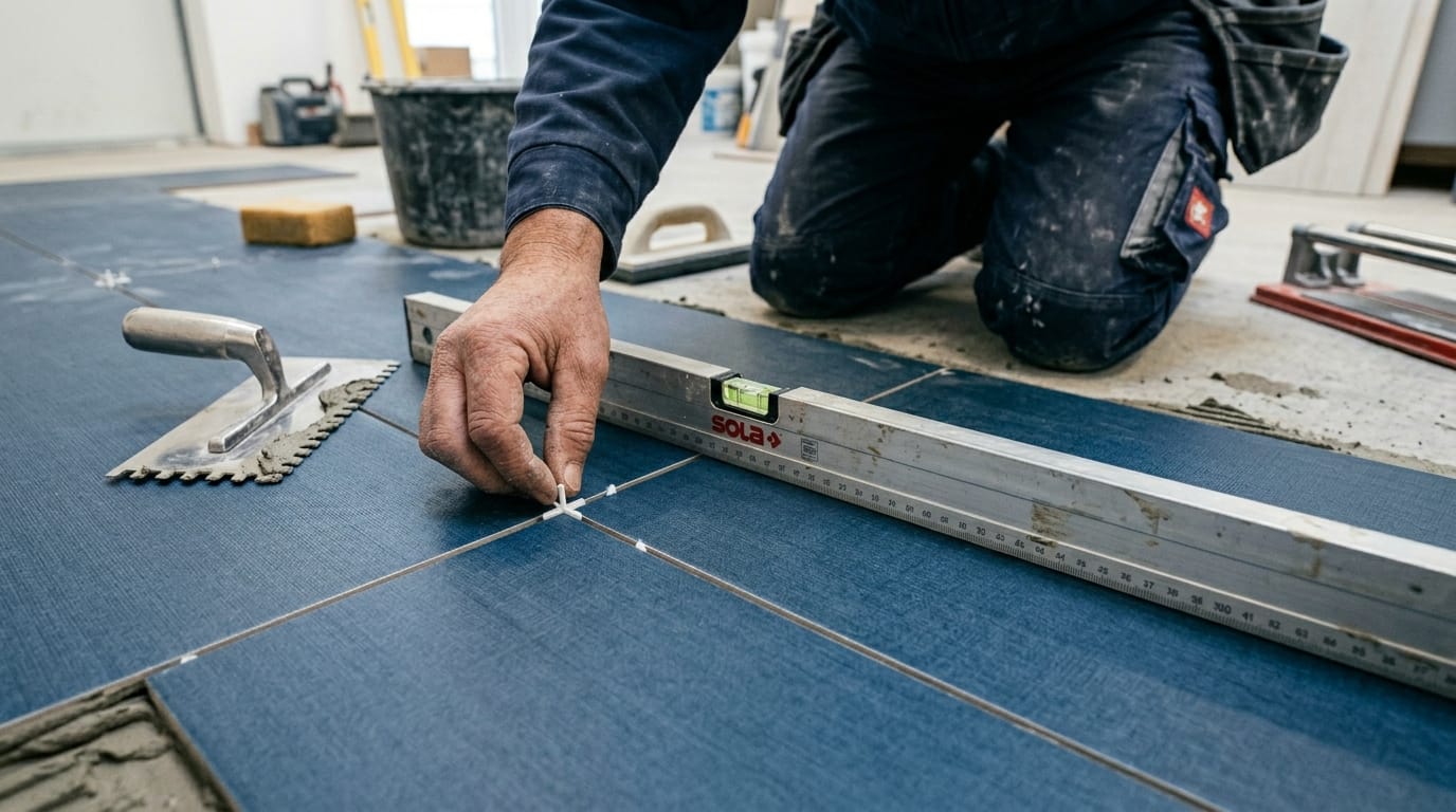Fliesenleger korrigiert präzise Bodenfliesen im Innenbereich zur Vermeidung typischer Fehler beim Fliesenlegen