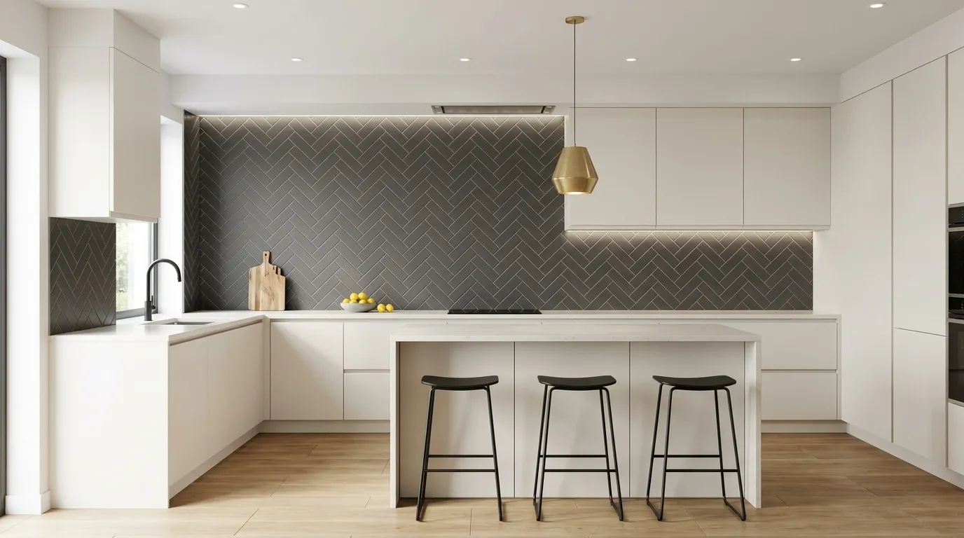 Moderne Küchenrückwand mit Fischgrät-Fliesen gestaltet als kreative Fliesenmuster Ideen