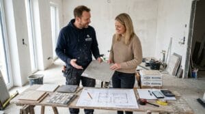 Kunde und Fliesenleger besprechen Fliesenauswahl bei Renovierungsprojekt vor dem fliesenleger beauftragen