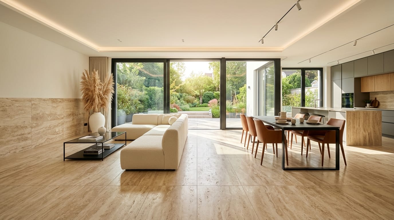 Moderne Großformatfliesen verschönern offenen Wohn- und Essbereich mit eleganten Fliesen Design Trends