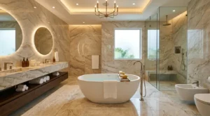 Luxuriöses Badezimmer mit Natursteinoptik und Keramik gestaltet zum Vergleich Keramikfliesen vs Natursteinfliesen