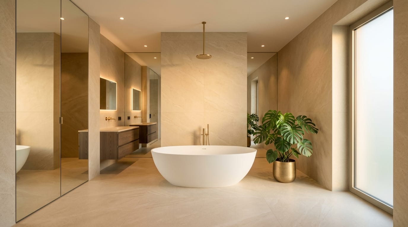 Moderne Badezimmer Fliesen gestalten luxuriöses Spa-Badezimmer mit eleganter Badewanne und zeitlosem Design