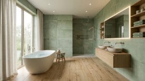 Moderne Badezimmerfliesen verschönern luxuriöses Spa-Badezimmer mit natürlichem Design und aktuellen Fliesen Design Trends