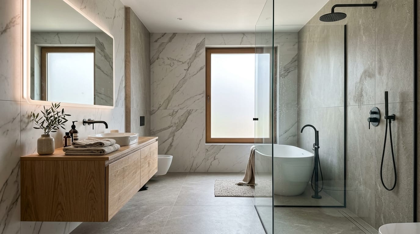 Modernes Luxusbad mit freistehender Badewanne und Glasdusche gestaltet mit Badplaner Online