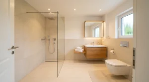 Modernes Badezimmer mit bodengleicher Dusche und heller Gestaltung als praktische bad renovieren ideen