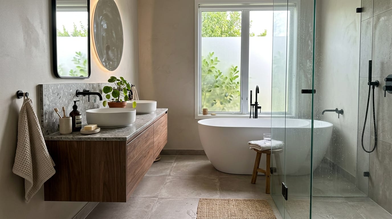 Geräumiges modernes Badezimmer mit freistehender Badewanne, Doppelwaschbecken, begehbarer Dusche und natürlichem Licht – perfekt als Inspiration für Badplaner Online