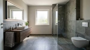 Modernes Luxusbad mit bodengleicher Glasdusche und eleganten Großformatfliesen im minimalistischen Badezimmerdesign