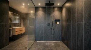 Moderne Walk-in-Dusche mit dunklen Großformatfliesen gestaltet als Badezimmer Ideen mit Großformatfliesen