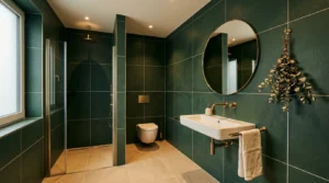 Modernes Badezimmer mit grünen Großformatfliesen stilvoll gestaltet als Badezimmer Ideen mit Großformatfliesen
