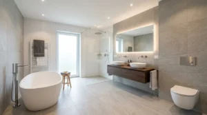 Modernes Badezimmer mit großformatigen Fliesen und professioneller Abdichtung unter Fliesen