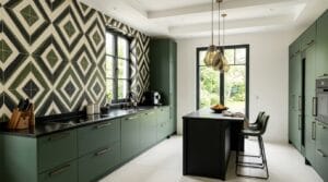 Geometrische Wandfliesen verschönern moderne Designküche mit stilvollen Farben und aktuellen Fliesen Design Trends