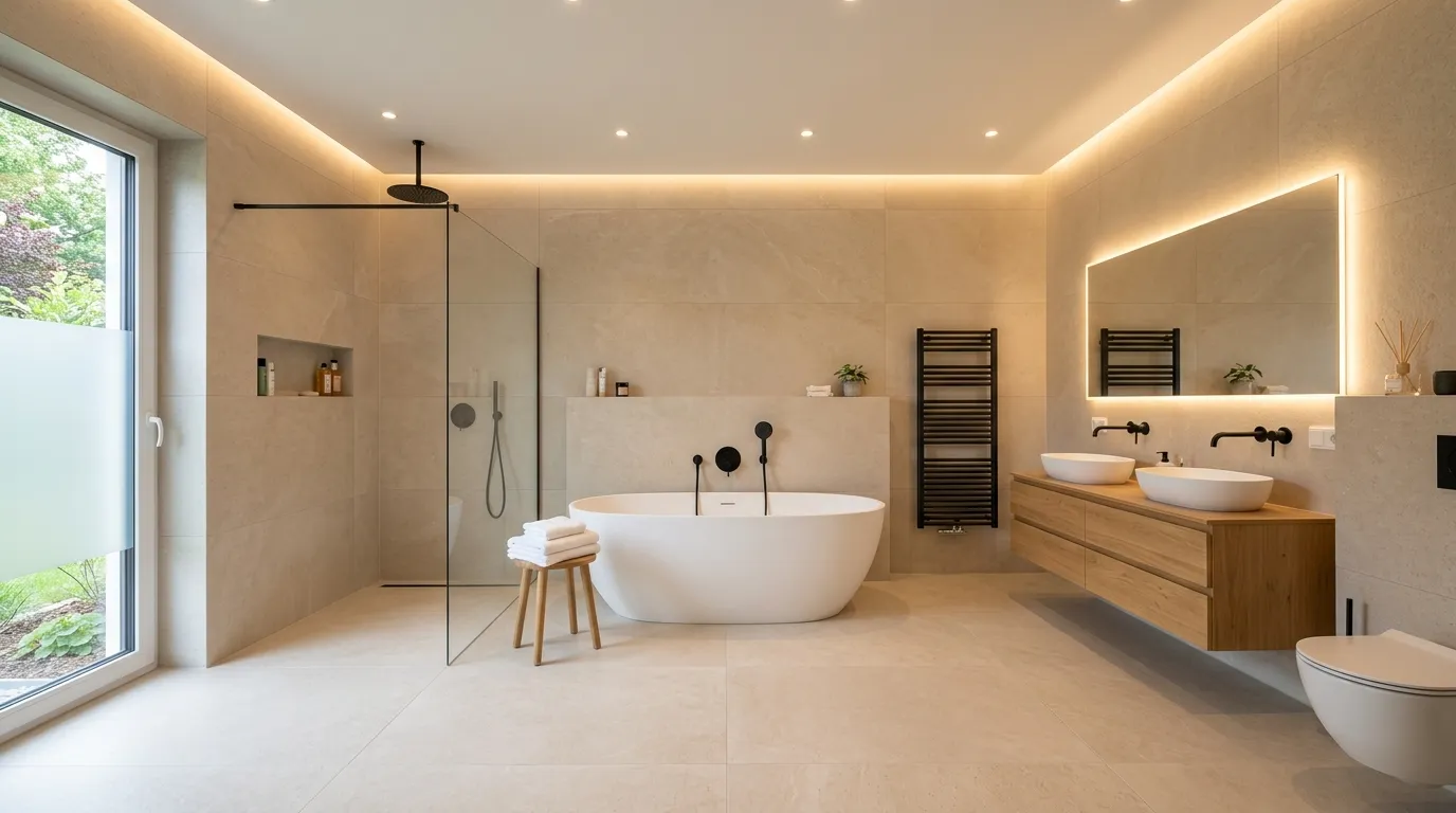 Modernes Badezimmer mit Großformatfliesen stilvoll gestaltet als Badezimmer Ideen mit Großformatfliesen