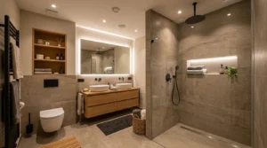 Modernes Komplettbad mit begehbarer Dusche und Doppelwaschtisch stilvoll gestaltet in Stuttgart