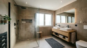Modernes Komplettbad mit begehbarer Dusche hochwertig umgesetzt in Stuttgart