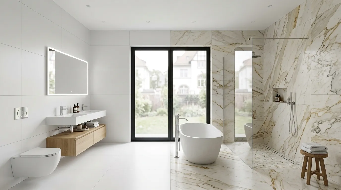 Modernes Badezimmer mit Keramik und Natursteinoptik gestaltet zum Vergleich Keramikfliesen vs Natursteinfliesen