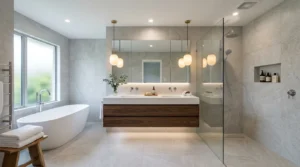 Modernes Badezimmer mit großformatigen Keramik und Natursteinoptik Fliesen im Vergleich Keramikfliesen vs Natursteinfliesen