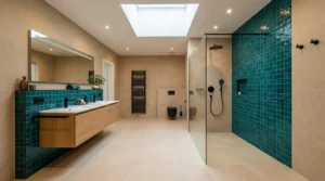 Moderne Badezimmerfliesen verlegt mit begehbarer Dusche für Badsanierung Kosten sparen