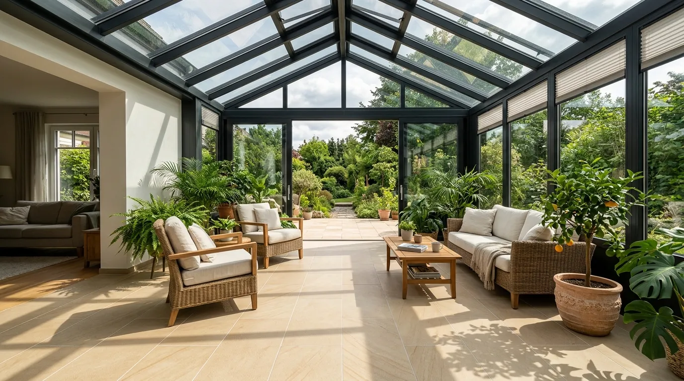 Helle Bodenfliesen stilvoll verlegt im modernen Wintergarten mit hochwertigem Wintergarten Boden