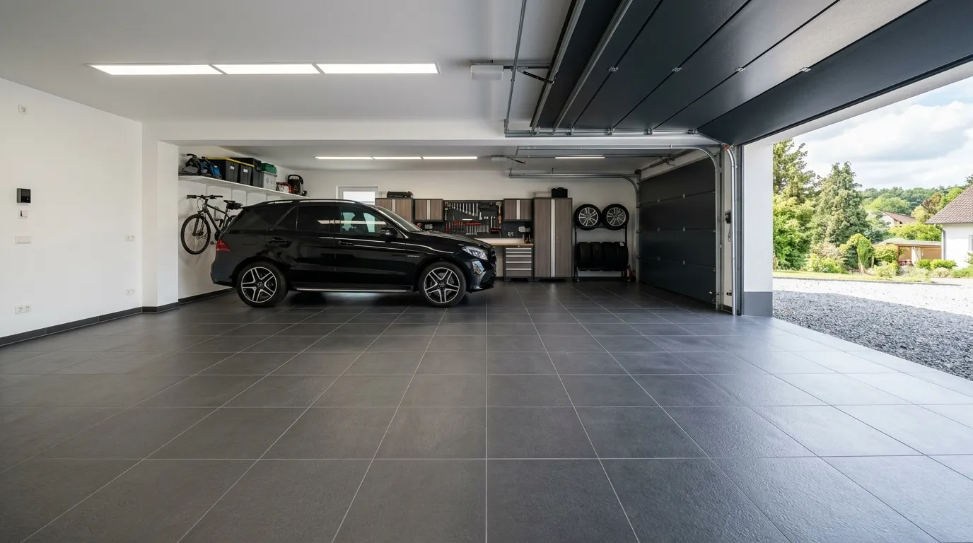 Dunkle Bodenfliesen fachgerecht verlegt im modernen Garagenbereich mit Garagenboden fliesen