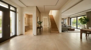 Moderne Bodenfliesen verlegt im offenen Wohnbereich eines stilvollen Hauses für den Fliesen Einkauf