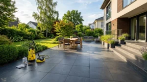 Dunkle Terrassenfliesen gründlich gereinigt im gepflegten Gartenbereich mit Fokus auf Fliesen reinigen