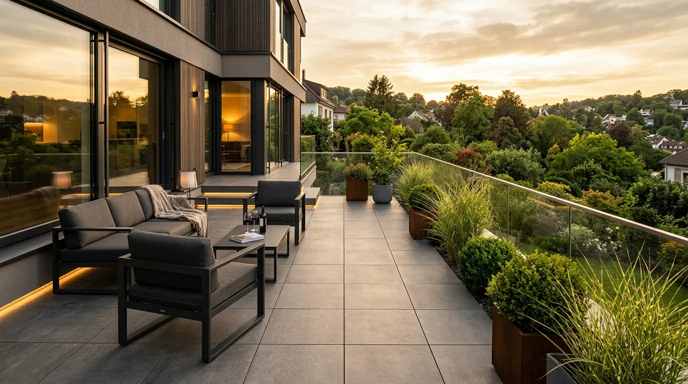 Großformatfliesen auf moderner Terrasse stilvoll verlegt als Inspiration für Badezimmer Ideen mit Großformatfliesen