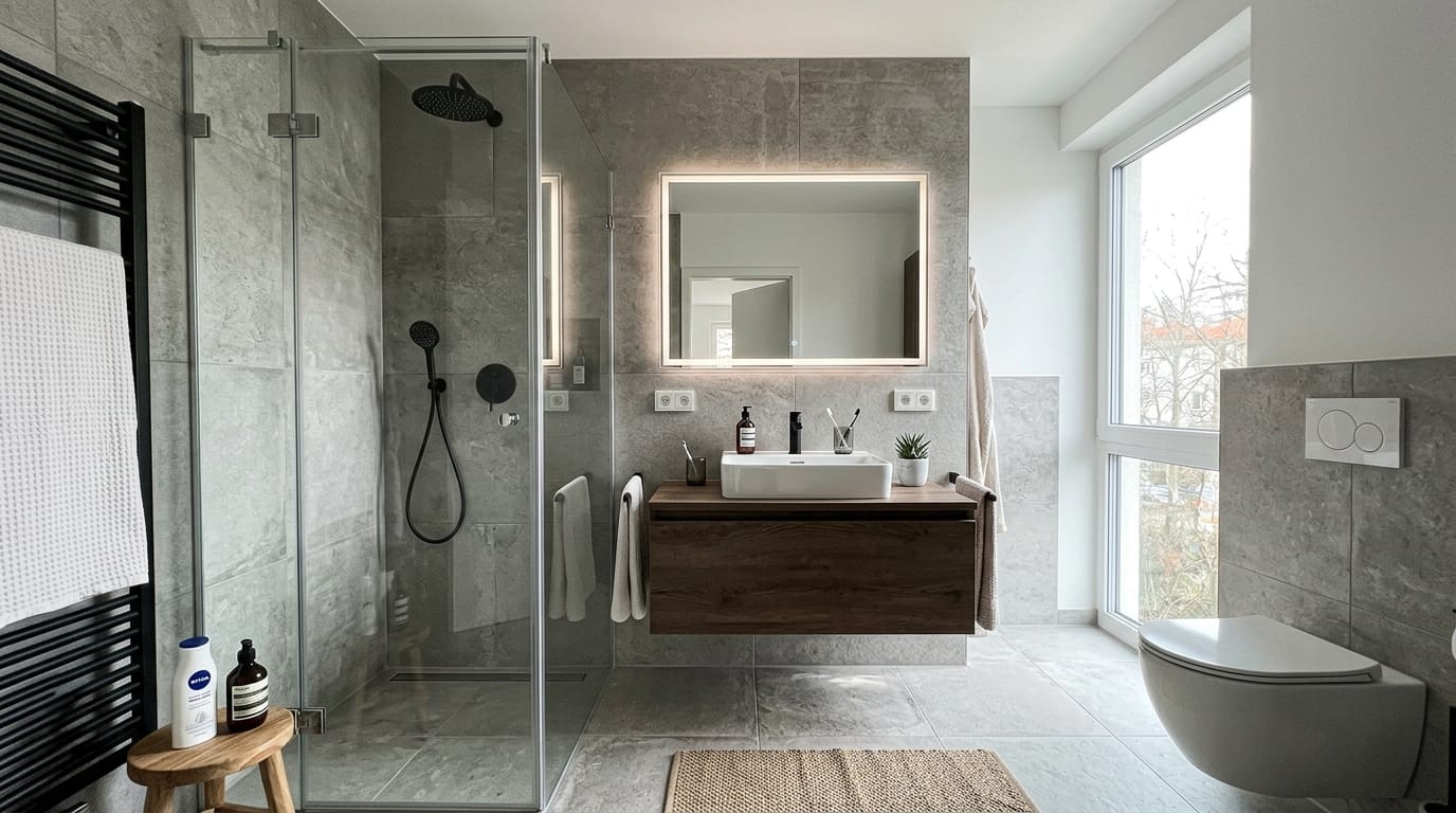 Modernes Badezimmer mit Glasdusche und großformatigen Fliesen gestaltet für Badezimmer 10 qm Kosten